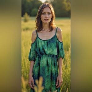 Forever 21 Aqua Blue & Green Watercolor Lined Cold Shoulder Dress - Size S/P